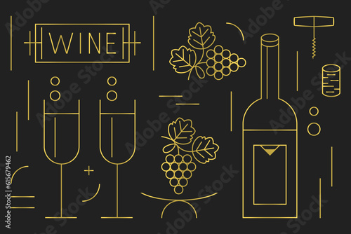 Golden thin line WINE bottle, glasses, banner, and grapes icons set on black background poster