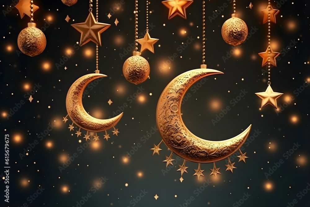 Islamic background with crescent moons and stars in gold colors on the dark background. Hijri Year Generative AI Islamic background with crescent moons and stars in gold colors on the dark background. Hijri Year Generative AI