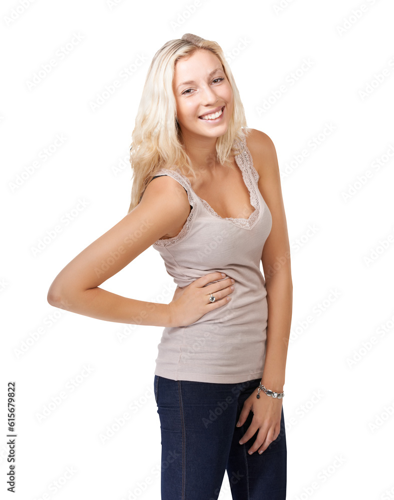 Portrait, confident and happy young woman in casual fashion and style isolated on transparent png background. German, real and natural person or model in jeans for retail clothes, outfit and smile Portrait, confident and happy young woman in casual fashion and style isolated on transparent png background. German, real and natural person or model in jeans for retail clothes, outfit and smile