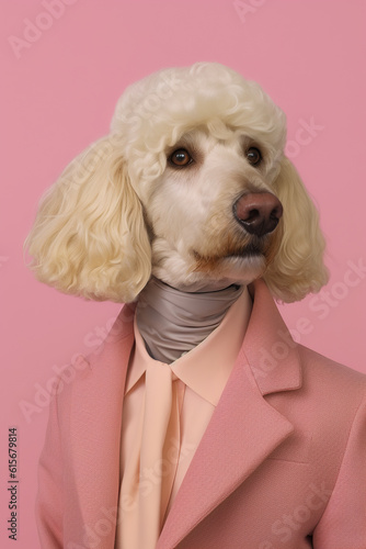 Studio portrait of a poodle dog wearing a pink suit and yellow tie, ai generative © mariof