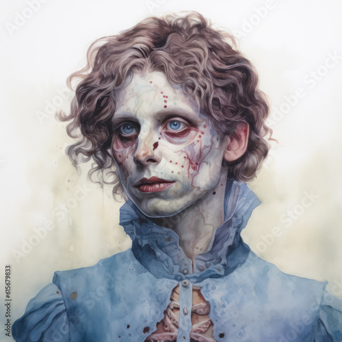 Historically Influenced Watercolor Zombie Portrait, AI