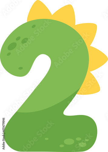Fototapeta Naklejka Na Ścianę i Meble -  Colorful green and yellow dinosaur cartoon number two for kids.