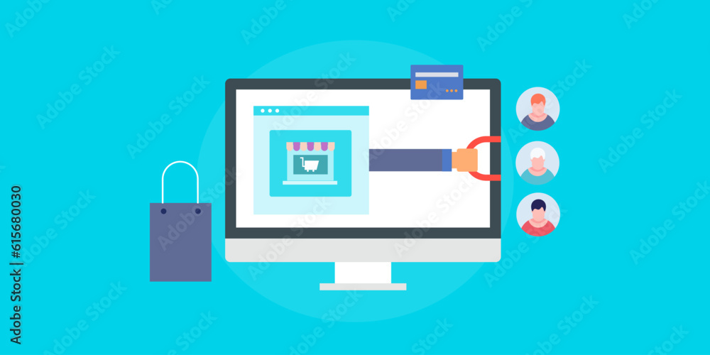 Ecommerce business using loyalty program for customer retention, online shopping store on pc and hand with magnet attracts new customers, vector illustration. Ecommerce business using loyalty program for customer retention, online shopping store on pc and hand with magnet attracts new customers, vector illustration.