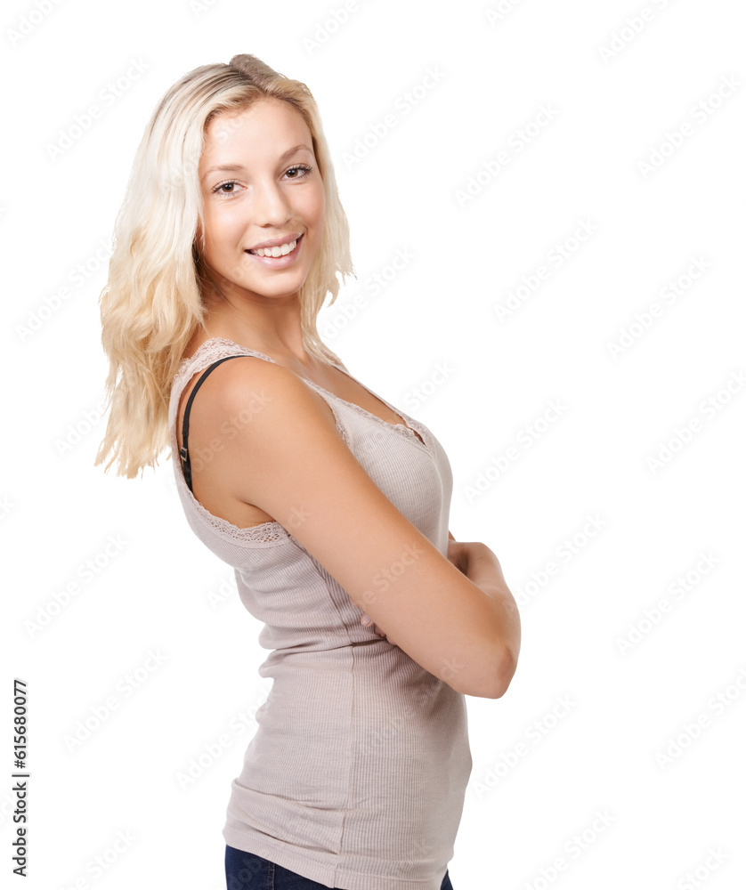 Happy woman, portrait and arms crossed in casual fashion isolated on a transparent PNG background. Face of female person or lady model standing in confidence and smiling in happiness for healthy body Happy woman, portrait and arms crossed in casual fashion isolated on a transparent PNG background. Face of female person or lady model standing in confidence and smiling in happiness for healthy body