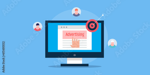 Display online advertising to a group of people, customer targeting with digital ads, segmentation and brand promotion, targeting right audience vector illustration.