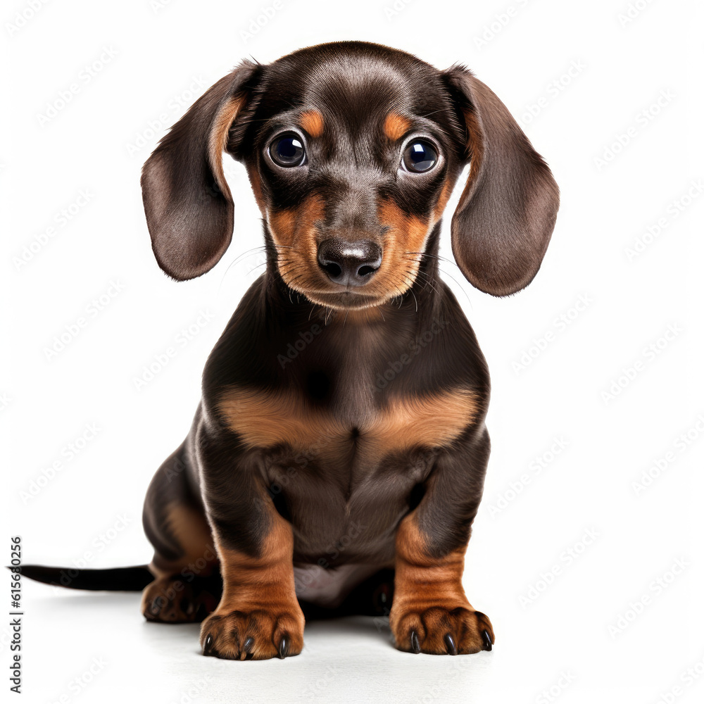 A full body shot of an inquisitive Dachshund puppy (Canis lupus familiaris)