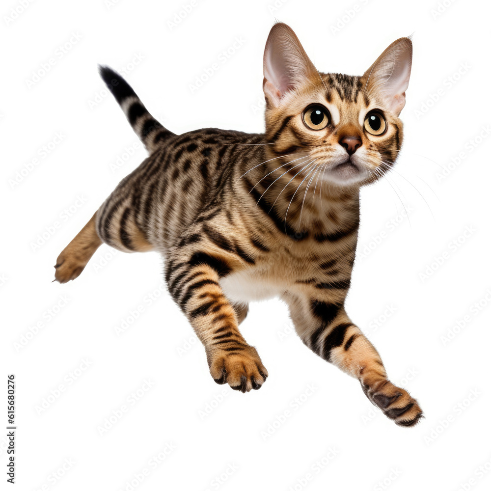 Bengal cat (Felis catus) leaping in mid-air