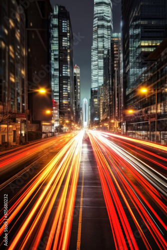 Long exposure dynamic speed light trails in an urban environment. Generative AI