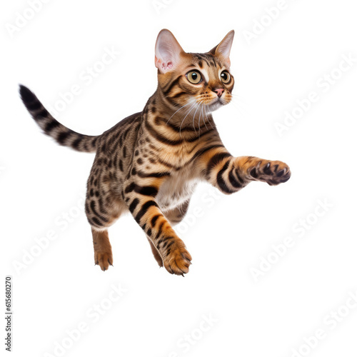 Bengal cat (Felis catus) leaping in mid-air