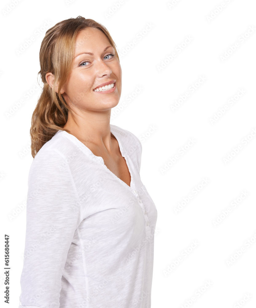 Woman in portrait, smile and fashion with beauty and white t-shirt isolated on transparent png background. Natural cosmetics, female model happy in casual clothes and style with confidence and glow Woman in portrait, smile and fashion with beauty and white t-shirt isolated on transparent png background. Natural cosmetics, female model happy in casual clothes and style with confidence and glow