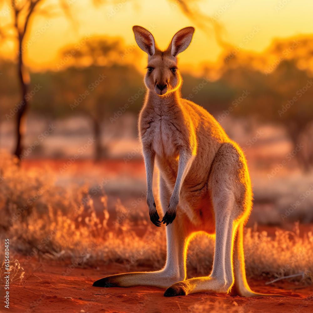A Kangaroo (Macropus rufus) at sunset in the outback