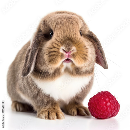 A Holland Lop Rabbit (Oryctolagus cuniculus) with a raspberry on its head