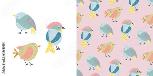 Cute funny spring birds seamless vector pattern