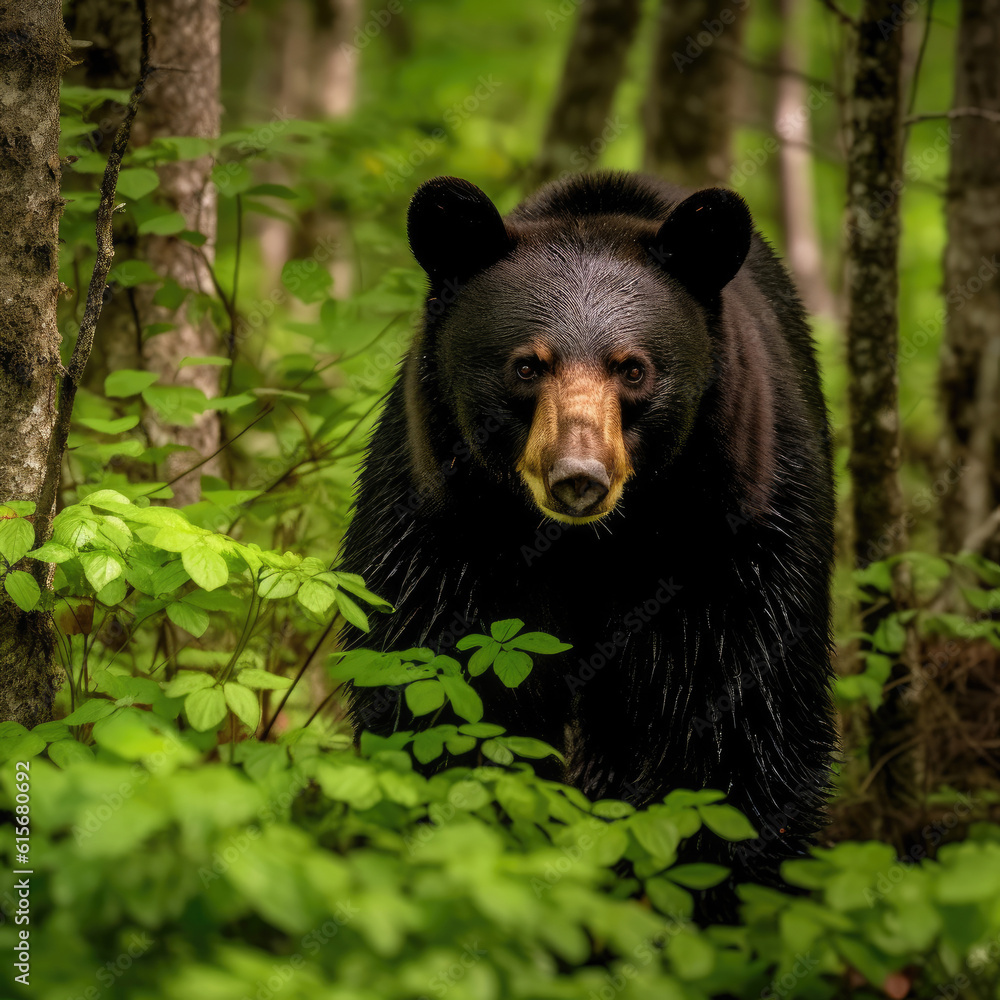 An American Black Bear (Ursus americanus) in a lush green forest An American Black Bear (Ursus americanus) in a lush green forest