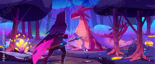 Fairy tale scene with dragon and medieval knight fight. Fantasy landscape of magic forest with mythology monster and warrior with spear at night, vector cartoon illustration