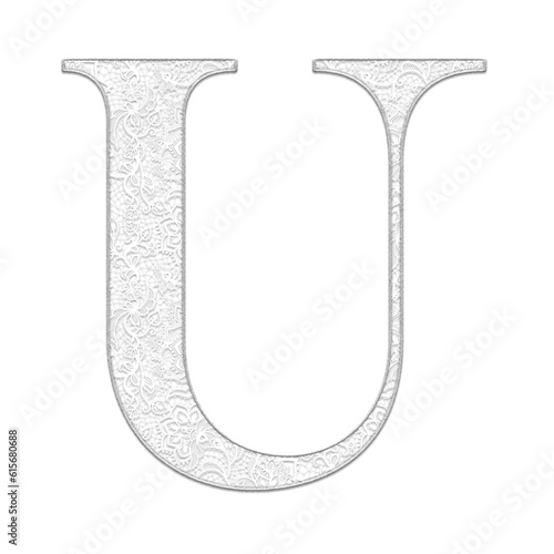 Classic floral lace alphabet uppercase letters, off white color, isolated with transparent background.