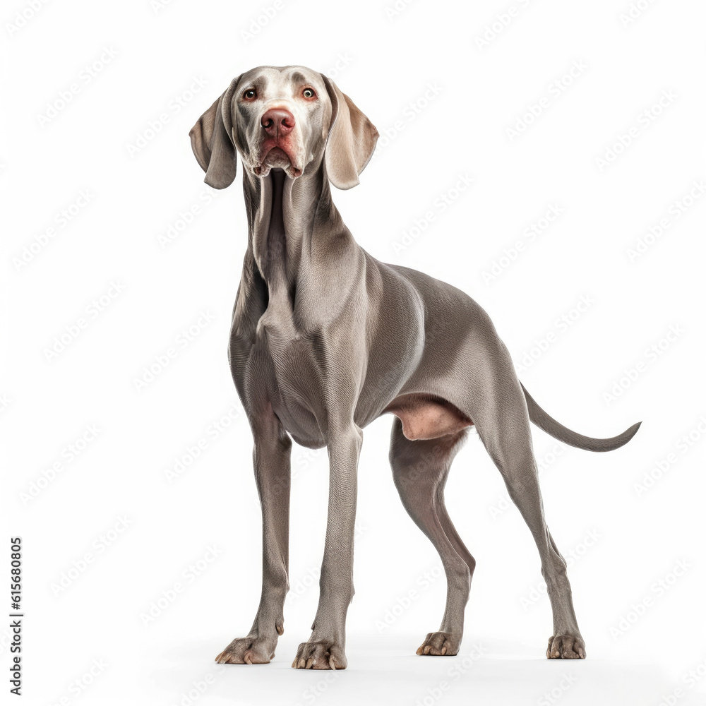 A full body shot of an elegant Weimaraner (Canis lupus familiaris)