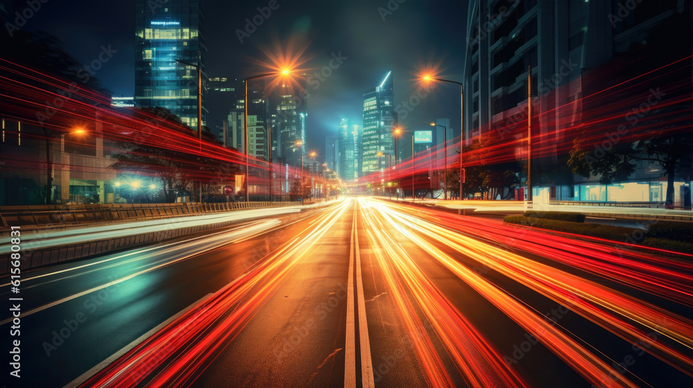Long exposure dynamic speed light trails in an urban environment. Generative AI Long exposure dynamic speed light trails in an urban environment. Generative AI