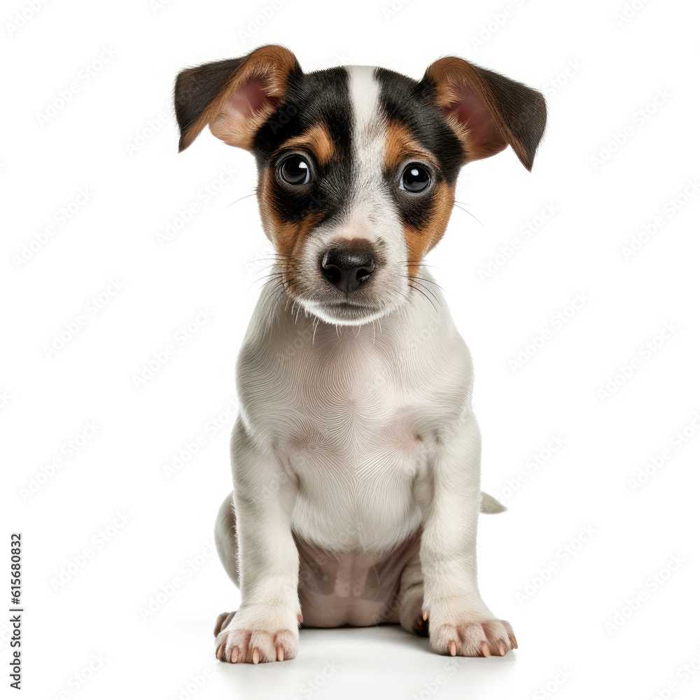 A full body shot of an inquisitive Jack Russell Terrier puppy (Canis lupus familiaris)