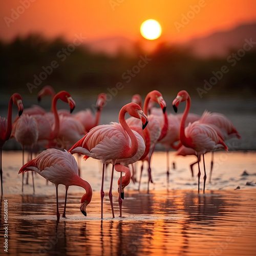 A group of Flamingos (Phoenicopterus ruber) at sunset