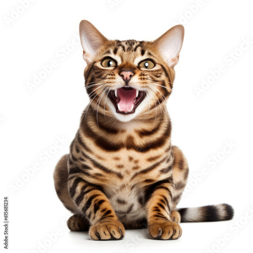 Bengal cat (Felis catus) sticking tongue out, looking playful and cheeky