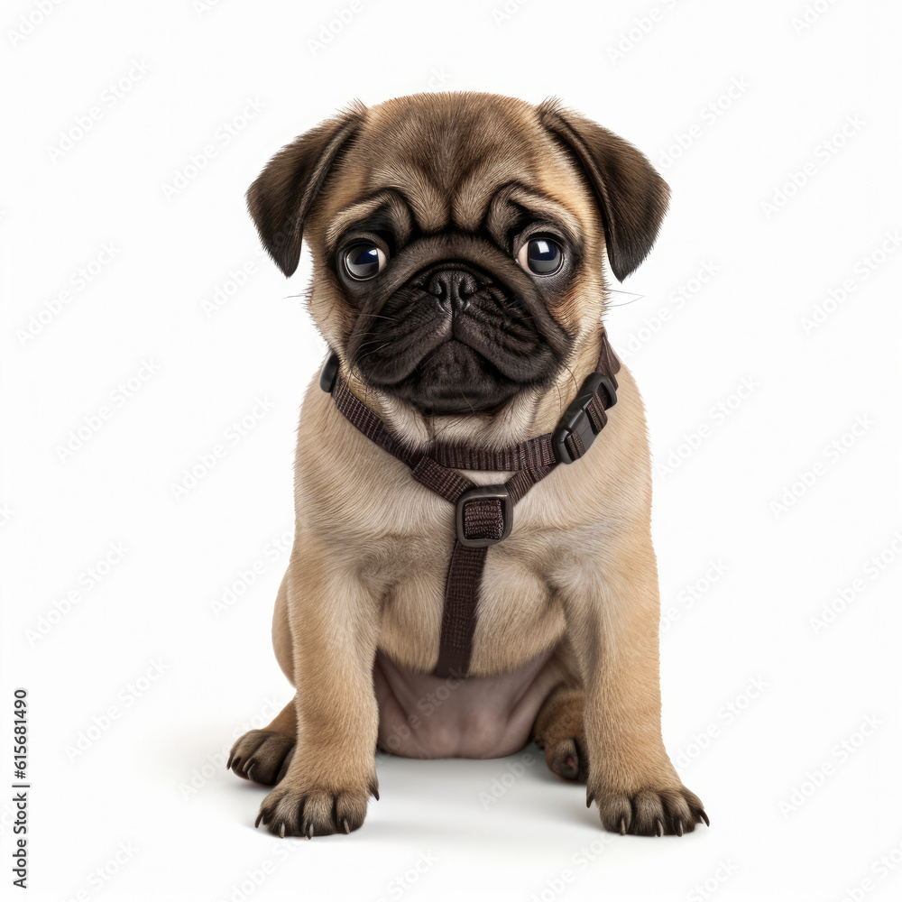 A full body shot of a charming Pug puppy (Canis lupus familiaris)
