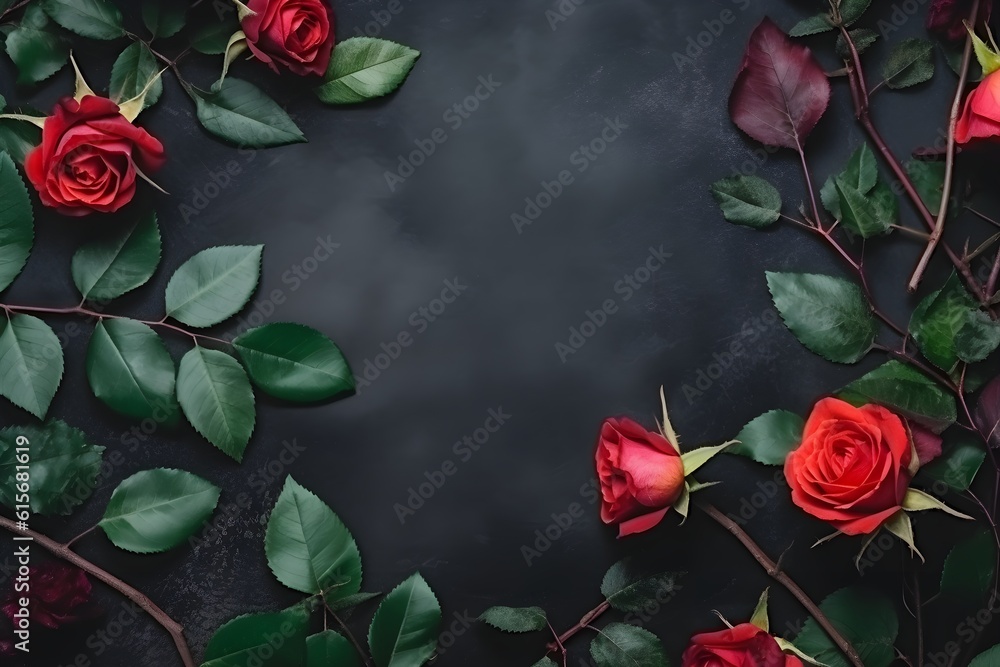 Few leafs and red roses on blackboard background. Created with Generative AI Technology Few leafs and red roses on blackboard background. Created with Generative AI Technology