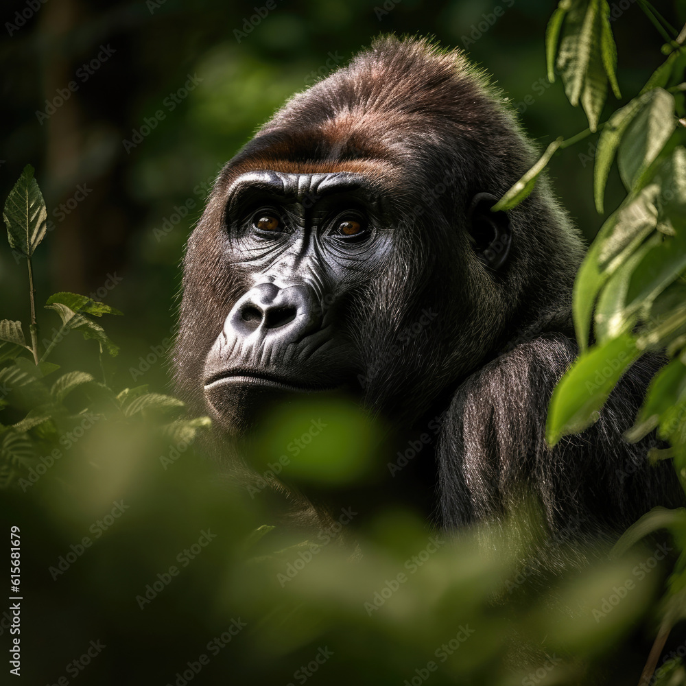 A Gorilla (Gorilla gorilla) in the dense jungle A Gorilla (Gorilla gorilla) in the dense jungle