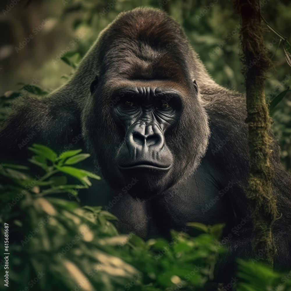 A Gorilla (Gorilla gorilla) in the dense jungle A Gorilla (Gorilla gorilla) in the dense jungle