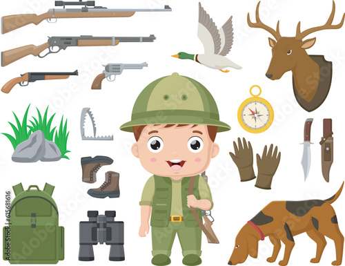 Cute little boy with hunters equipment