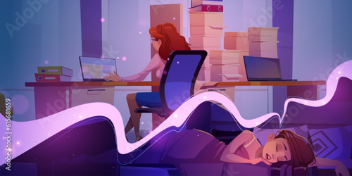 Woman sleep in bed and dream about work. Asleep girl in bedroom and female character at table with laptop and paperwork in office, vector cartoon illustration