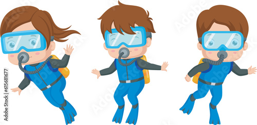 Cute scuba diver girl and boy
