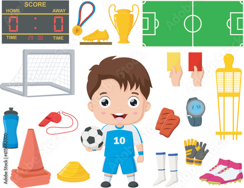 Cute little boy cartoon with soccer game sport element