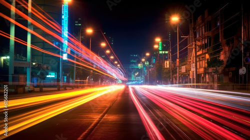 Long exposure dynamic speed light trails in an urban environment. Generative AI