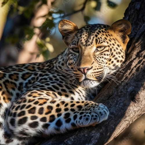 A Leopard  Panthera pardus  lounging in a tree