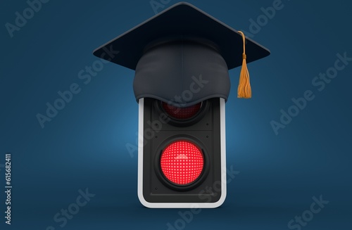 Red traffic light with mortarboard