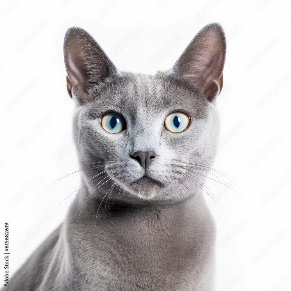 Russian Blue cat (Felis catus) with mischievous grin