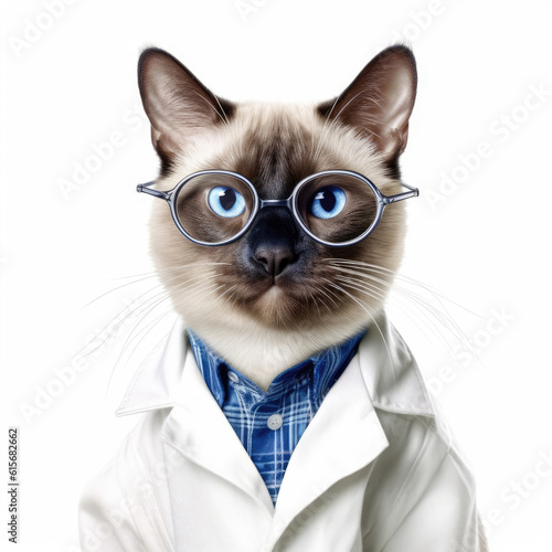 A Siamese Cat  Felis catus  with a lab coat and safety goggles