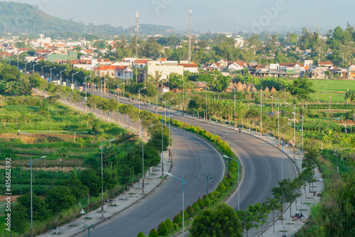 Canvas Print Rural landscape in Vietnam with boulevard road.  Chop from above.