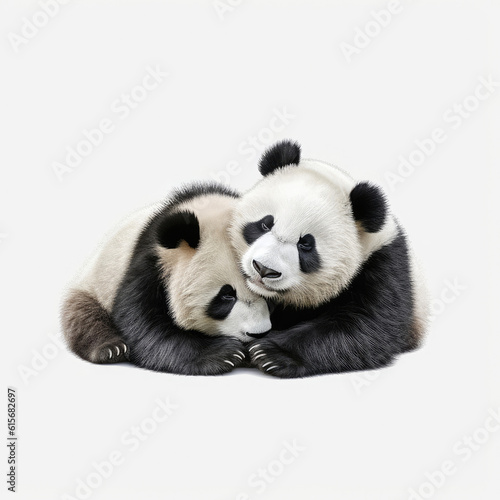 Two Pandas  Ailuropoda melanoleuca  cuddling each other