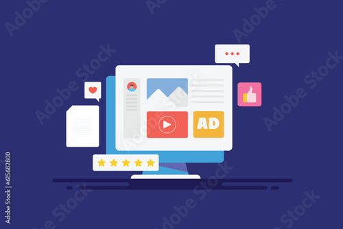 Content marketing strategy reaching online audience through blog publication, sharing and promoting content on social media, business communication concept, vector illustration.