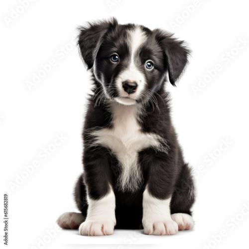 A full body shot of a curious Border Collie puppy (Canis lupus familiaris)