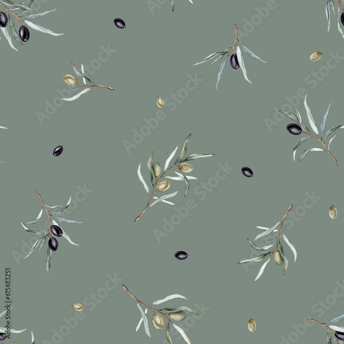 Watercolor seamless pattern with black and green olives and branch. Hand painted olives isolated on white background. Botanical illustration for design, print, fabric or background