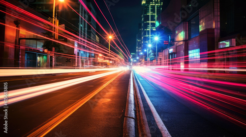 Long exposure dynamic speed light trails in an urban environment. Generative AI © piai