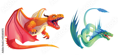Magic fantasy dragon set for fairy tale game cartoon illustration. Isolated fly monster character clipart asset with wings in red, green and orange. Ancient mythical dinosaur drawing collection