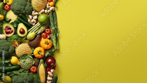 Concept of vegetarian vegan healthy nutrition, banner copy space on a yellow background, ai generative