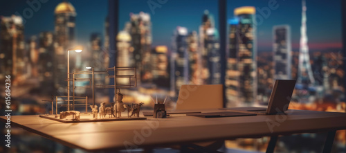 Executive Office: Blurred Workspace in the Evening with Cityscape for Business Presentation