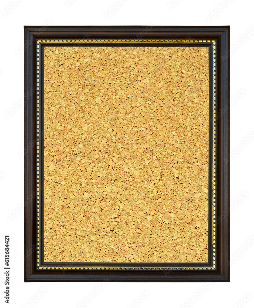 Fototapeta premium Wooden and gold gilded ornamental frame with rectangular cork board