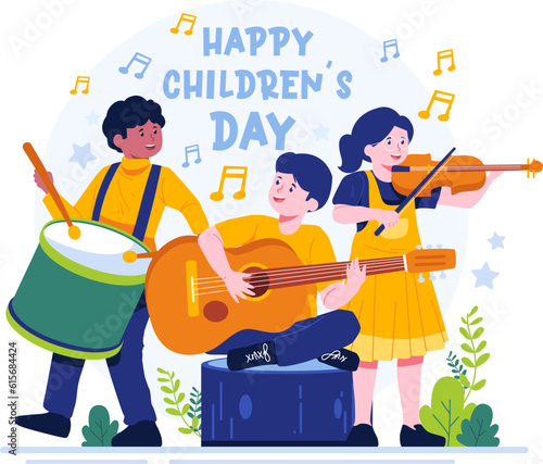 Happy Children's Day concept illustration. Children are playing musical instruments together. cute boys play guitar and drums, and a cute girl plays the violin