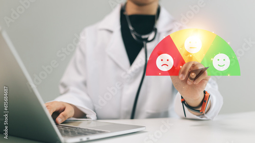 Healthcare and medical concept. Doctor using laptop computer with scale for clients feedback symbol.